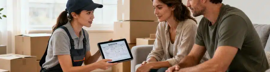 Déménageuse présentant devis sur tablette à clients, conseil budgétaire personnalisé