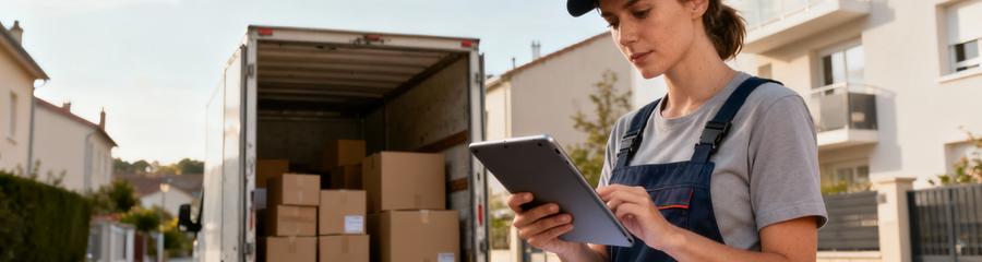 Déménageuse consultant devis sur tablette, estimation budget déménagement Haute-Loire