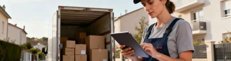 Déménageuse consultant devis sur tablette, estimation budget déménagement Haute-Loire