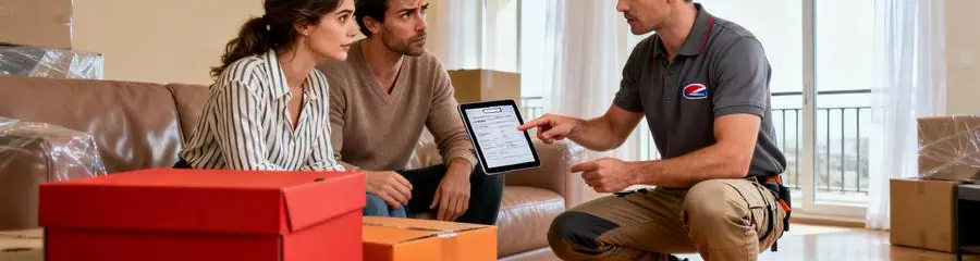 Déménageur présentant devis détaillé sur tablette à clients, estimation budget transparente
