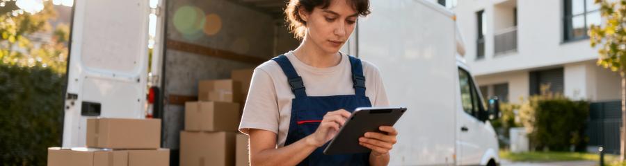 Déménageuse consultant devis sur tablette, planification budget déménagement professionnel