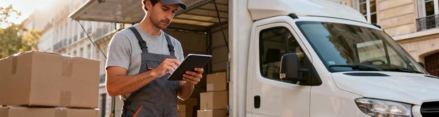Déménageur consultant tablette pour estimation volumétrique, organisation professionnelle du transport