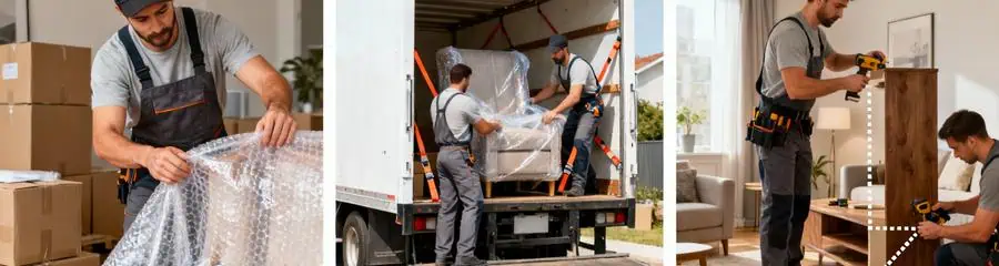 Triptyque étapes déménagement : emballage professionnel, chargement camion, réinstallation mobilier