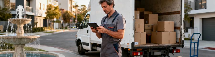 Déménageur consultant devis volume devant camion, évaluation professionnelle coût Fontaine