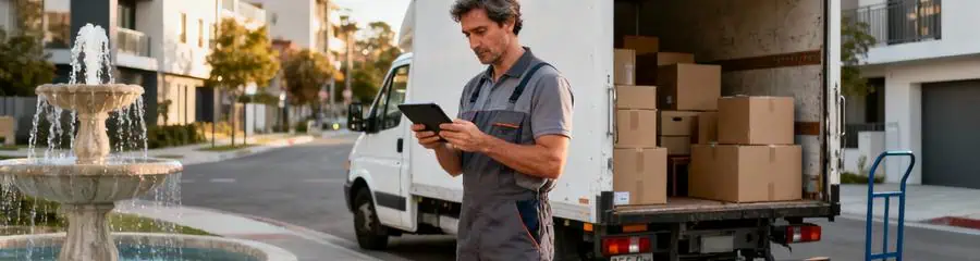Déménageur consultant devis volume devant camion, évaluation professionnelle coût Fontaine