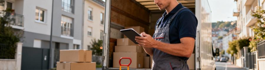 Déménageur consultant inventaire volume devant camion, évaluation professionnelle coût Saint-Étienne