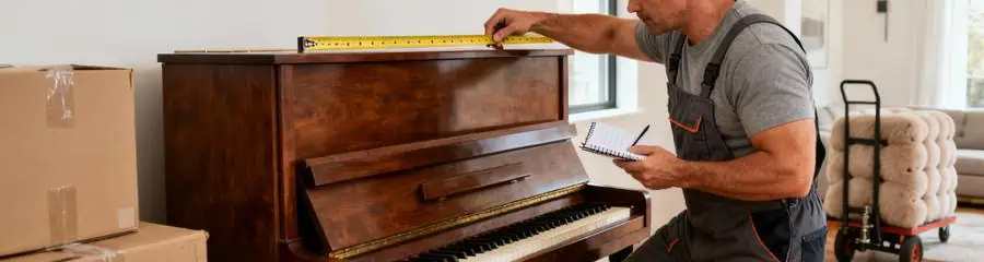Déménageur mesurant piano droit, évaluation professionnelle dimensions et poids avant transport