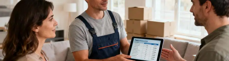 Déménageur présentant devis détaillé sur tablette à couple, consultation personnalisée tarifs Voiron