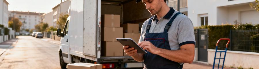 Déménageur consultant tablette devant camion, évaluation volume et organisation transport Clermont-Ferrand