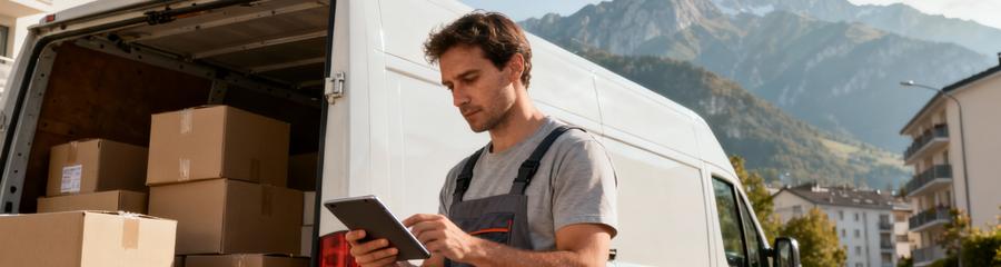 Déménageur consultant tablette devant camion, planification déménagement contexte alpin grenoblois