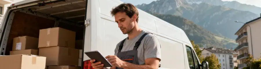 Déménageur consultant tablette devant camion, planification déménagement contexte alpin grenoblois