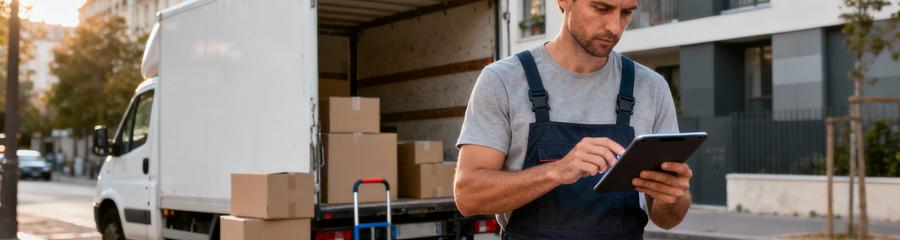 Déménageur consultant devis sur tablette devant camion, évaluation tarifaire professionnelle Paris