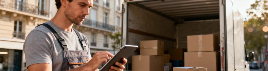 Déménageur consultant tablette devant camion, évaluation professionnelle des paramètres tarifaires Paris