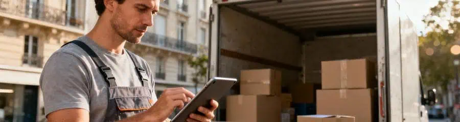Déménageur consultant tablette devant camion, évaluation professionnelle des paramètres tarifaires Paris