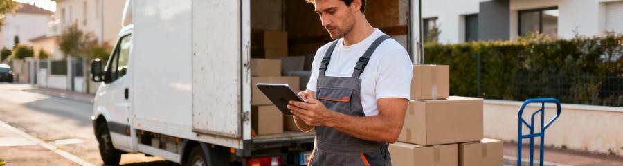 Déménageur évaluant volume mobilier tablette, estimation professionnelle tarif déménagement