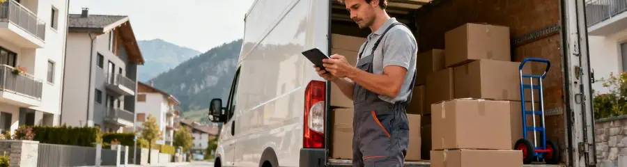 Déménageur consultant tablette devant camion, évaluation volume et organisation transport professionnel