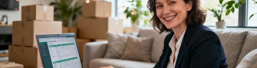 Femme utilisant formulaire en ligne pour trouver déménageurs, recherche simplifiée et rapide