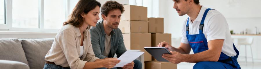 Déménageur présentant devis formules à clients, conseil personnalisé budget déménagement