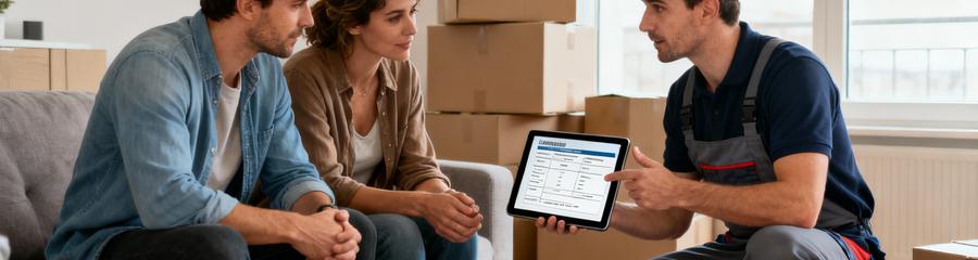 Déménageur présentant devis personnalisé couple, conseil formules tarifs adaptés
