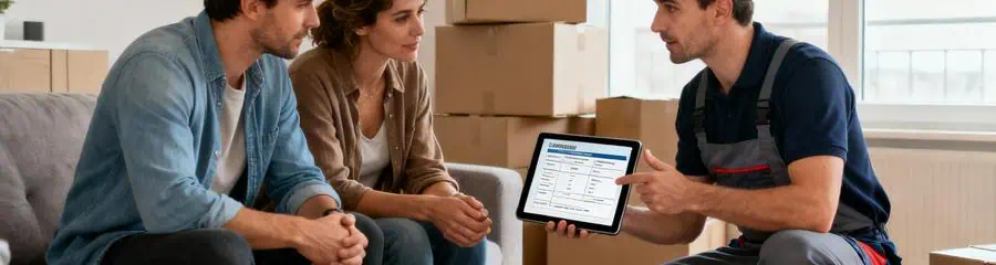 Déménageur présentant devis personnalisé couple, conseil formules tarifs adaptés