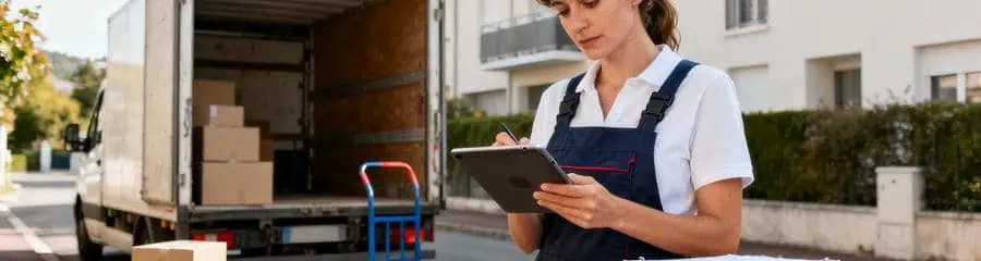 Déménageuse consultant tablette devant camion, planification budgétaire professionnelle déménagement