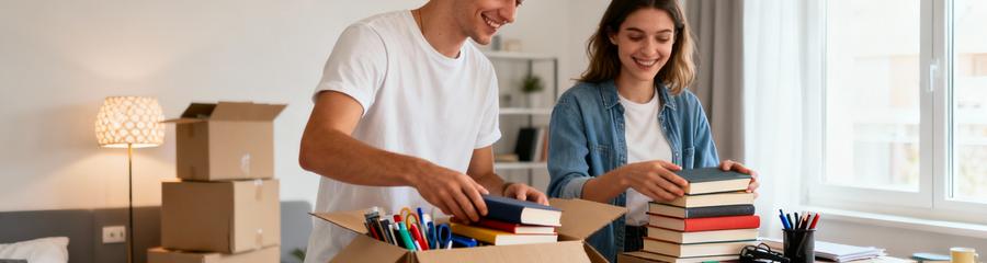 Étudiants déballant cartons studio universitaire, installation organisée nouvelle vie campus