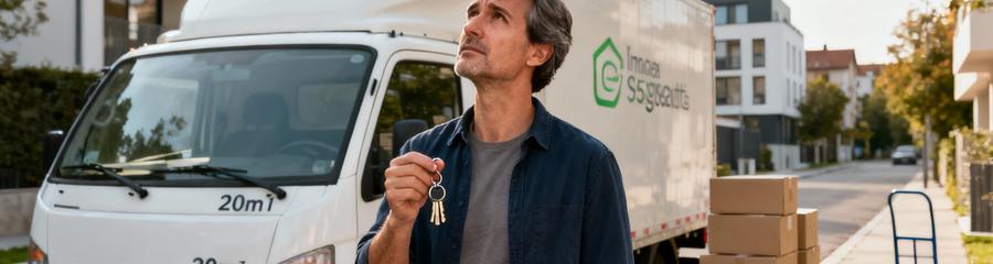 Homme hésitant devant camion location déménagement, décision location versus professionnels