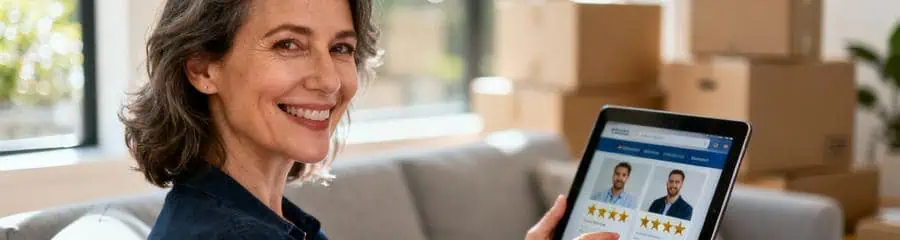 Cliente consultant profils déménageurs vérifiés sur tablette, comparaison devis en ligne