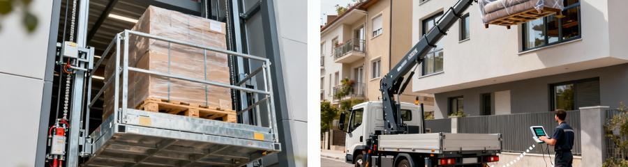 Comparaison monte-charge industriel fixe et monte-meuble mobile pour déménagement urbain
