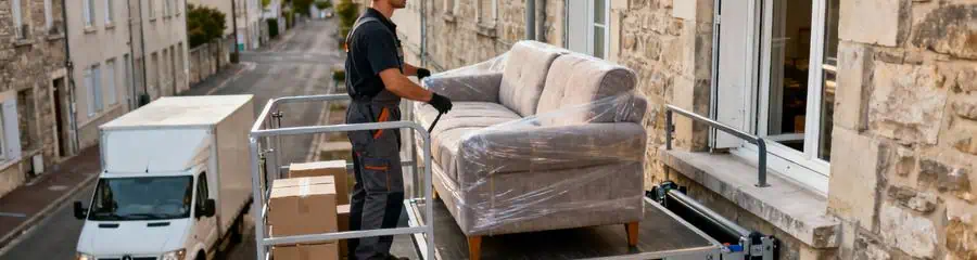 Monte-meuble transportant mobilier vers étage immeuble ancien, solution logistique déménagement urbain