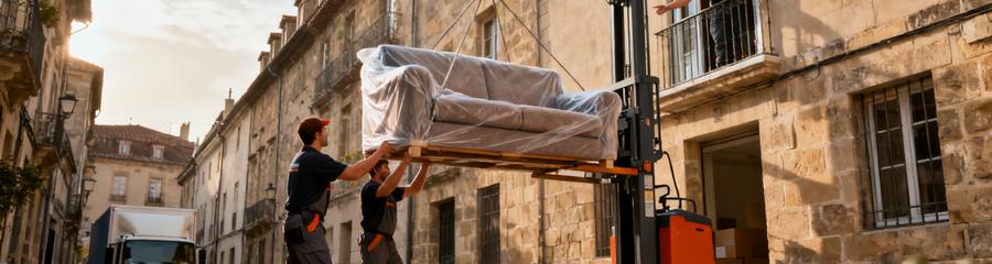 Monte-meuble électrique en action, déménagement immeuble sans ascenseur centre historique