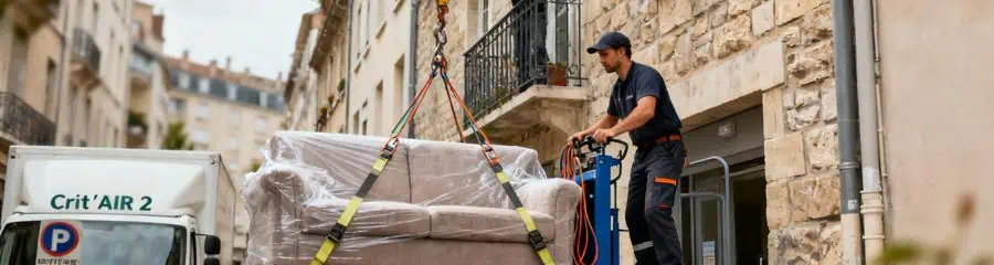 Monte-meuble transportant mobilier façade immeuble ancien Villeurbanne, équipement professionnel spécialisé