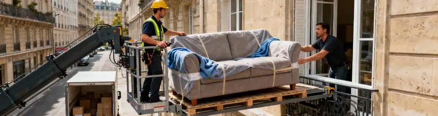 Monte-meuble levant canapé vers étage élevé, technicien contrôlant opération sécurisée