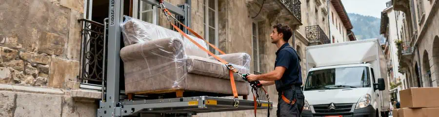 Monte-meubles transportant mobilier par fenêtre, déménagement immeuble ancien Chambéry