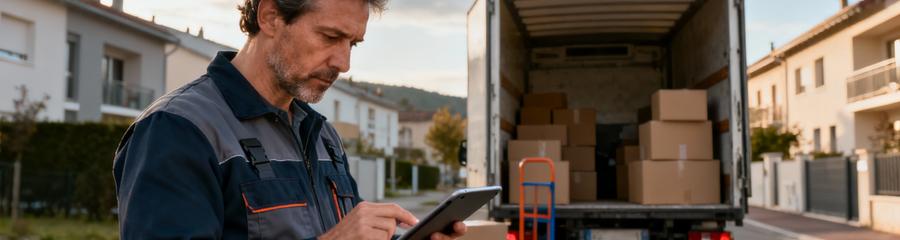 Déménageur consultant planning sur tablette, organisation méthodique déménagement Cournon-d'Auvergne