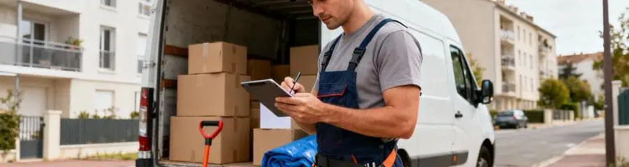 Déménageur consultant planning organisation devant camion, préparation méthodique déménagement urbain