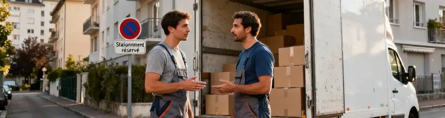 Déménageurs consultant plan logistique devant camion, organisation déménagement urbain contraintes stationnement
