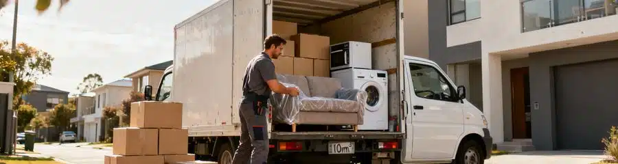 Déménageur chargeant petite camionnette, déménagement petit volume studio avec cartons et mobilier compact