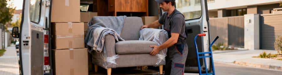 Déménageur chargeant petit volume mobilier camionnette, transport objets limités professionnel