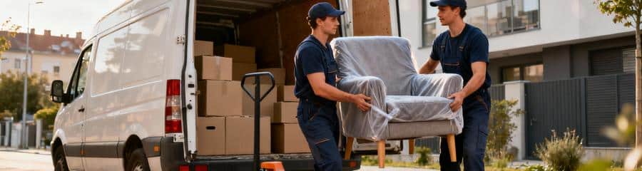 Déménageurs professionnels transportant mobilier compact vers camionnette, service petit volume économique