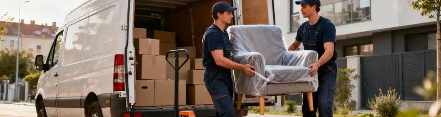 Déménageurs professionnels transportant mobilier compact vers camionnette, service petit volume économique