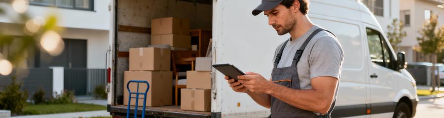 Déménageur consultant tablette pour estimation volume, planification professionnelle méthodique