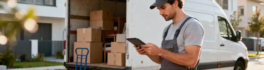 Déménageur consultant tablette pour estimation volume, planification professionnelle méthodique