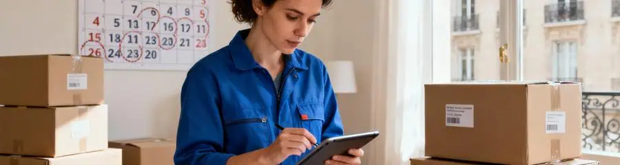 Professionnelle consultant planning déménagement, organisation méthodique avec cartons étiquetés