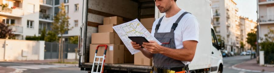 Déménageur consultant plan quartier devant camion, planification logistique urbaine professionnelle