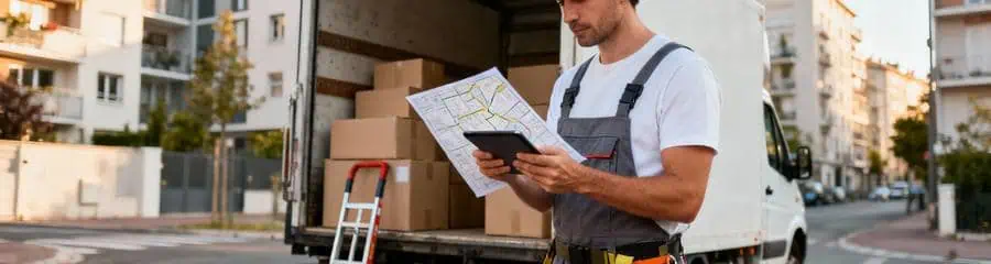 Déménageur consultant plan quartier devant camion, planification logistique urbaine professionnelle