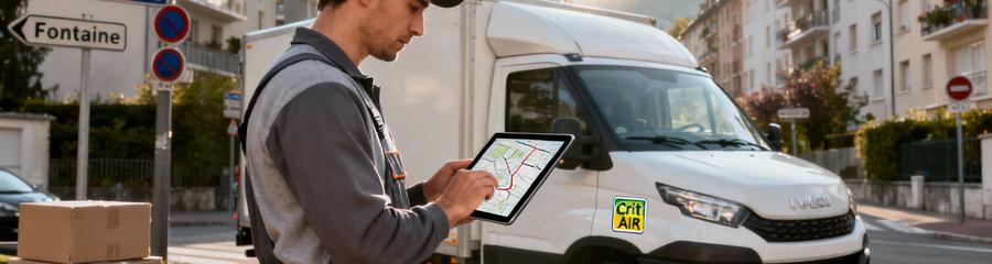 Déménageur consultant itinéraire sur tablette, planification accès urbains Fontaine