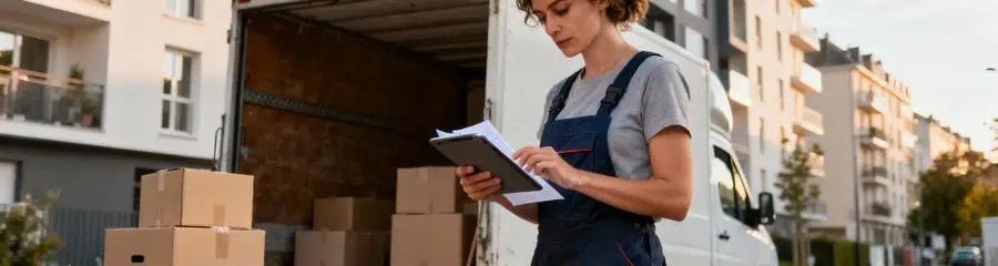 Déménageuse consultant planning sur tablette, organisation méthodique déménagement urbain Vienne