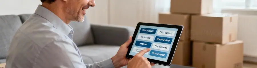 Personne comparant devis déménagement sur tablette, recherche simplifiée via plateforme en ligne