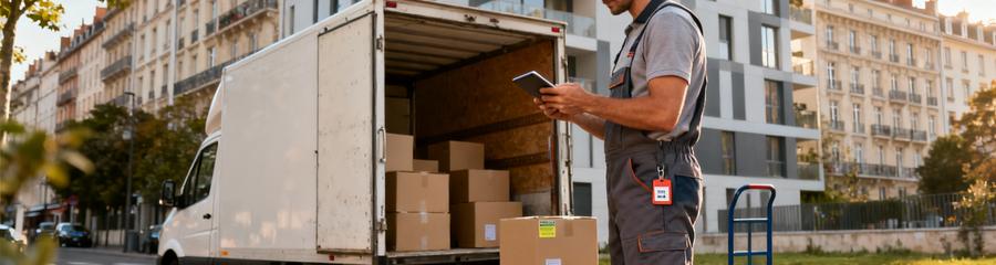 Déménageur consultant tablette devant camion, organisation logistique professionnelle en zone urbaine